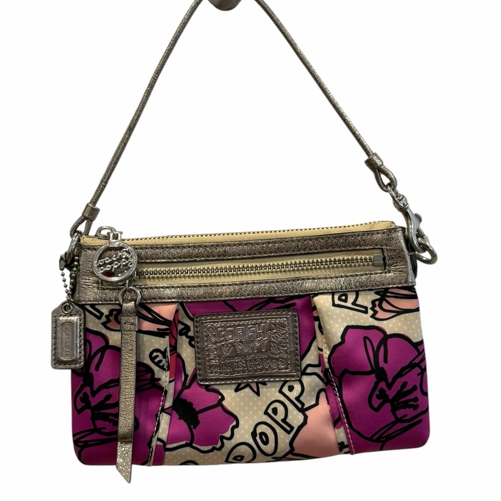Coach Poppy Floral Satin Wristlet – Graffiti Print Metallic Trim